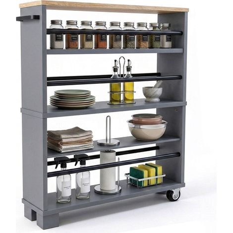 Servierwagen mit 4 Etagen in Holzoptik, Naturgrau, 80 x 13 x 50 cm (1/5)