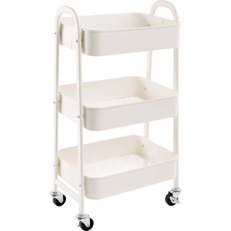 Chariot de Rangement Métal Chariot à roulettes 3 Niveaux Chariots Cuisine Chariots de Service Roulant pour Chambre Salle de Bain Bureau, Blanc (1/5)