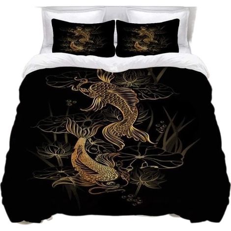 Parure de lit Koi Carp Lotus 220x240cm, 2 taies d'oreiller 65x65cm, microfibre, impression 3D (1/4)