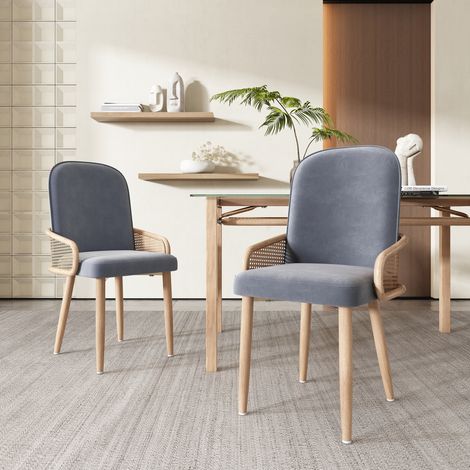 MEUBLIV Chaise de salle à manger grise en velours et rotin, lot de 2 (1/5)