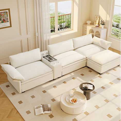 Canapé modulable 315x70x85 cm beige en chenille avec ottoman mobile, rangement, charge sans fil, Bluetooth et éclairage (1/5)