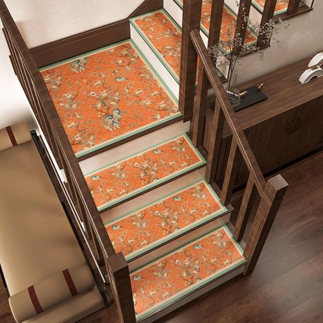 Ensemble de tapis de marche d'escalier - Motif paon et fleurs orange - 2675 cm sans bord rabattable - 3 pièces - Protection d'escalier décorative antidérapante pour escalier intérieur (1/5)