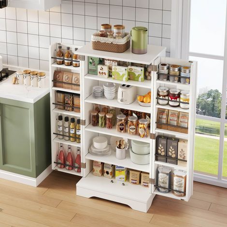 Armario auxiliar de cocina con 2 puertas, estante ajustable y luz LED con sensor, para cocina, MDF, 120x60x40 cm, blanco (1/5)