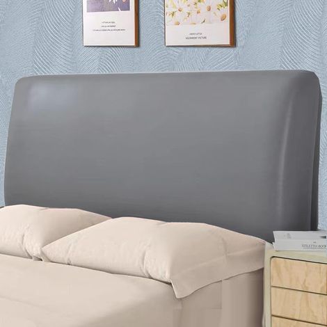 Housse de tête de lit (gris, 180 cm, convient aux têtes de lit de 170 à 190 cm), housse de lit king size extensible en similicuir imperméable, protection intégrale