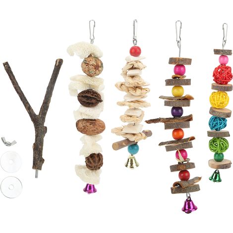 Jouet à mâcher multicolore naturel pour perroquets, à suspendre en cage, pour conures, perruches, calopsittes, inséparables et perroquets gris du Gabon. (1/5)