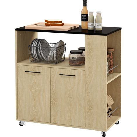 HOMCOM carrito auxiliar con ruedas, carrito de cocina con 2 puertas, estante ajustable, especieros, para comedor, 75x40x80,5 cm, natural