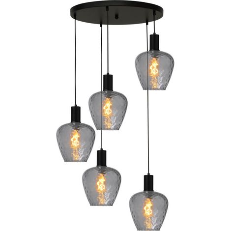 Suspension loft 5 lumières - noire - Porto avec des verres à fumée Diamond - 2712-05-05-50-5-5 (1/3)