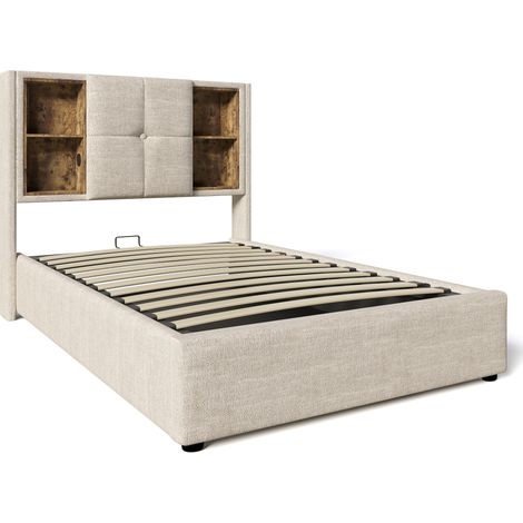 Letto singolo 90x200 cm in lino con ricarica wireless, porte USB e contenitore (1/5)