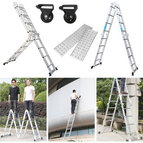 Froadp 470cm Aluminum Mehrzweckleitern, 4x4 Stufen Gerüst Leiter mit 2 Arbeitsplattform, Klappbare Stehleiter, Arbeitsbühne Schiebeleiter (Silber) (1/5)
