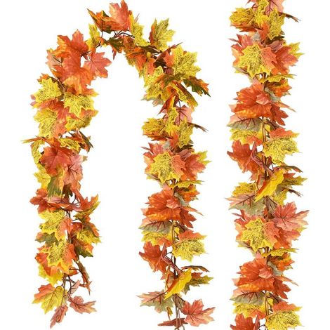 Guirlande de feuilles d'érable jaunes artificielles – Décoration d'automne – Faussses feuilles réalistes – 2 pièces – 180 cm – Pour salon, jardin, décoration de fête et Halloween (1/5)