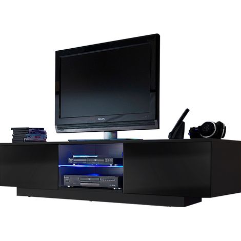 Meuble LED suspendu ou posé TV Giorgio Noir mat et Noir Laqué 160 cm (1/3)
