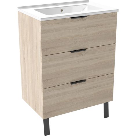 Océan Meuble de salle de bain mural avec pieds 60 cm Chêne - 3 tiroirs, lavabo céramique, Panneau (1/5)