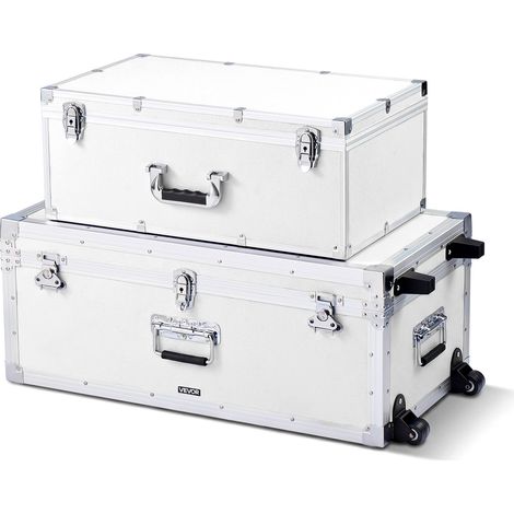 Lot de 2 Caisses de Transport, Coffre de Rangement à Roulettes avec 3 Poignées Métalliques, Valises pour Voyage, Stockage, Décoration de Maison, Cadre en Métal, Cadenas à Combinaison, Blanches (1/5)