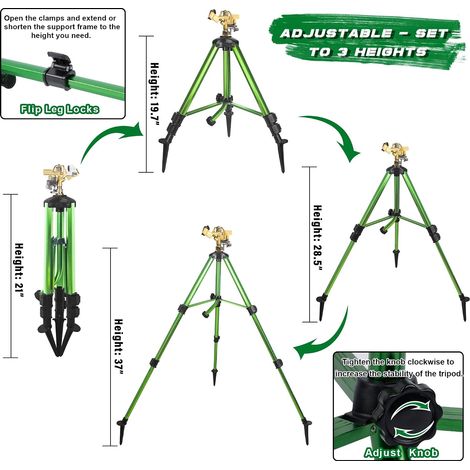 Arroseur à impact sur trépied avec goupilles - Arroseur à large couverture à 360 degrés avec pieds extensibles - Tête de pulvérisation en laiton réglable et raccord de tuyau d'entrée NH 3/4" (1/4)