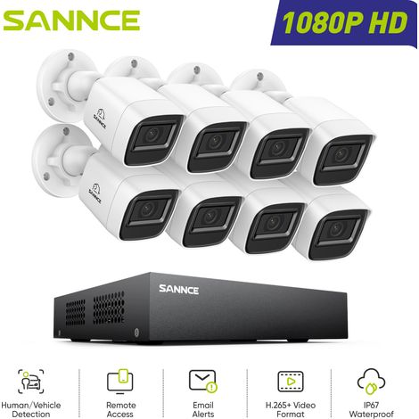 SANNCE 1080P Kit de Videovigilancia Exterior,8 Cámaras Bullet Detección Movimiento Visión Nocturna Sistema Cámara de Seguridad (1/5)