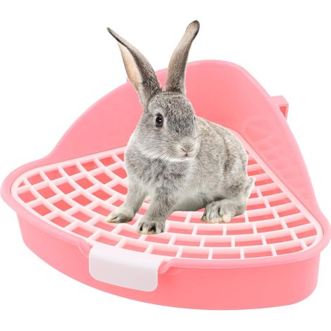 Bac à litière pour Lapin, Petit Animal Toilette Triangulaire, Corbeille à litière d'angle pour Lapin Amovible, Pot à Lapin avec Grille, Toilette pour Cochon d'Inde, Hamster, Chinchilla (Rose) (1/5)