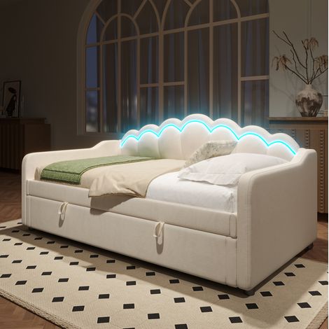 Tagesbett Samt Beige 90x200 cm mit Stauraum, hydraulischem Hebemechanismus und LED-Beleuchtung (1/5)