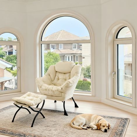 Sessel mit Hocker Klappbar Beige Metall Relaxsessel OKMYHOME (1/5)
