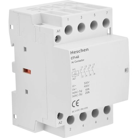 Heschen Home AC Contactor, CT1-63, Ie 63A, 4 Pole, Four Normally Open, AC 12V Coil Voltage, 35mm DIN Rail Mount (1/5)