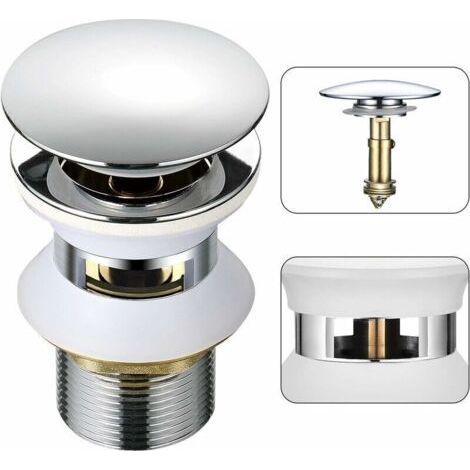 Universal Sink Drain with Pop-Up Overflow Automatic Push Open Click Clack for Bathroom 1-1/4" Chromed Brass, (1/5)