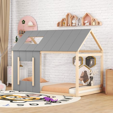 Kinderbett Hausbett 90x200 cm, modern, aus Kiefernholz und MDF, Natur und Grau, mit Dach und Fenster (1/5)