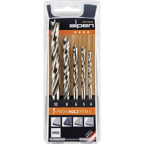 Alpen 600114100 Jeu de forets pour le bois 5 pièces 4 mm, 5 mm, 6 mm, 8 mm, 10 mm tige cylindrique 1 set (1/2)