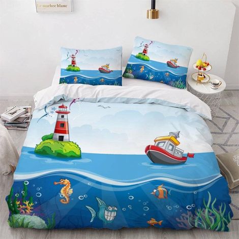 Housse de Couette 140x200 Enfant Poisson Parure de Lit 1 Personne Microfibre Housse de Couette Phare De Dessin Animé 3D Imprimé Literie Set 3 Pièces avec Fermeture Éclair - 140x200+2x50x75 (1/5)