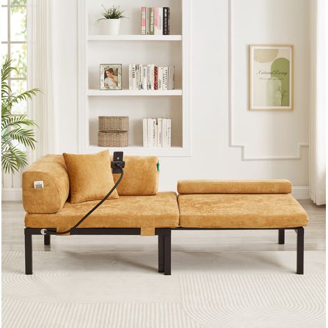 Canapé convertible 1 place extensible, tissu velours jaune, structure bois DESVIAE (1/5)
