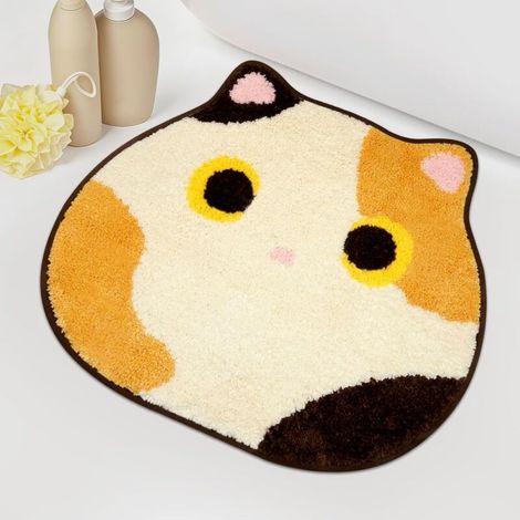Tapis de Bain Motif Chat Calico Doux Antidérapant 50x55 cm Tapis Salle de Bain Mignon Absorbent Décoration Maison (1/4)