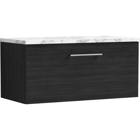 Nuie Arno Wall Hung 1-Drawer Vanity Unit with Carrera Marble Worktop 800mm Wide - Charcoal Black Woodgrain (1/4)