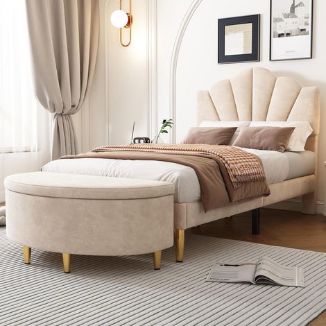 Lit 90 x 200 cm velours beige – style coquillage, pieds dorés, banquette intégrée (1/5)
