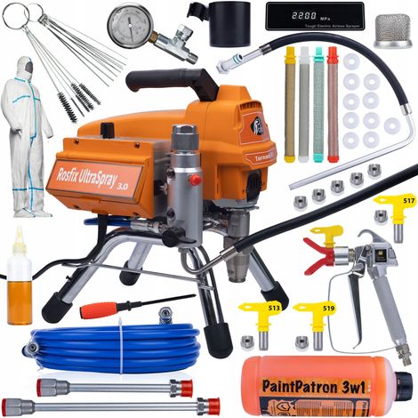 Rosfix Set Tornado RT3 UltraSpray – Airless Farbspritzgerät 2200 W, 22 MPa, 2,5 l/min  LCD, 8 m Schlauch, Pistole, Düsen, Filter  Profi Lackiergerät für Innenräume (1/5)