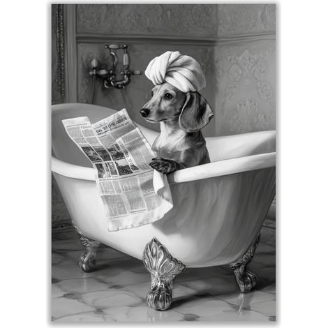 Poster amusant de chien lit le journal dans la baignoire – Décoration murale humoristique en noir et blanc pour salle de bain, WC d'invités ou spa (format A4)