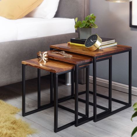 Lot de 3 tables d'appoint 40, 35 et 30 cm en sheesham massif et acier (1/5)