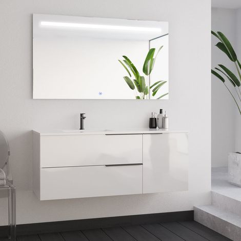 Meuble de salle de bain 120cm avec vasque déportée - blanc - KING et miroir STAM (1/5)