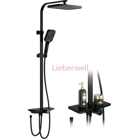 Ensemble de douche pluie sans robinets, système de douche de salle de bain en acier inoxydable, colonne réglable avec étagère/douchette carrée 25x25cm (1/5)