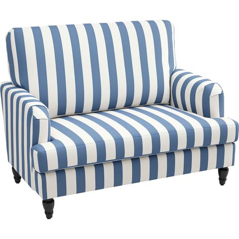 Modern Cuddle Chair, Velvet Single Sofa Armchair with Stripe, Turned Legs and Wide Seat, Upholstered Snuggle Chair for Living Room, Bedroom, Blue and White (1/5)