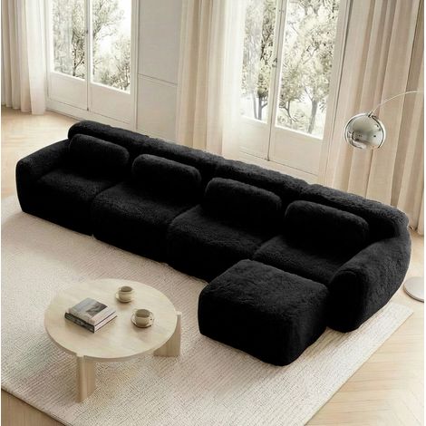 Canapé modulable d’angle 4 places 180/200 cm en velours noir, sans montage, avec pouf et coussins (1/5)