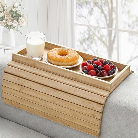 Plateau d'accoudoir de canapé pliable en bambou avec porte-gobelet, plateau de canapé marron pour boissons, télécommandes, téléphones