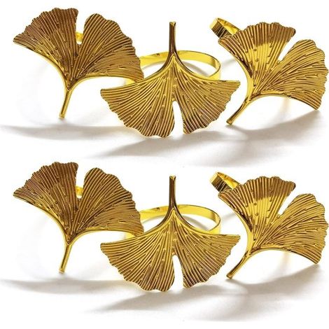 Juego de 6 servilleteros con diseño de hoja de ginkgo biloba en color dorado, ideales para Acción de Gracias y comidas de otoño (1/5)