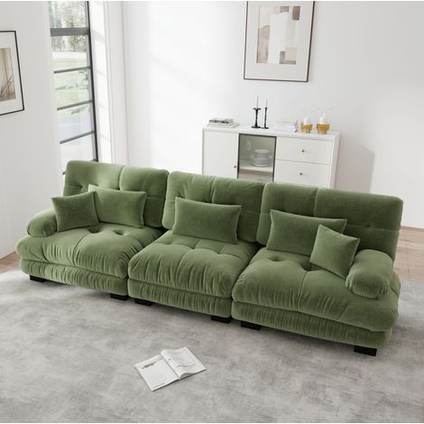 Canapé d’angle modulaire 313x77x81 cm vert en chenille avec assise profonde (1/5)