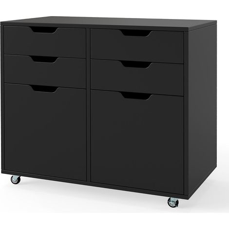 Commode à 4 tiroirs et 2 portes 73 x 40 x 64,5 cm mobile avec roulettes design moderne en MDF noir