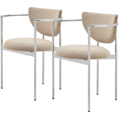 Set di 2 sedie da pranzo in tessuto e metallo con braccioli e schienale, stile scandinavo, kaki chiaro (1/5)