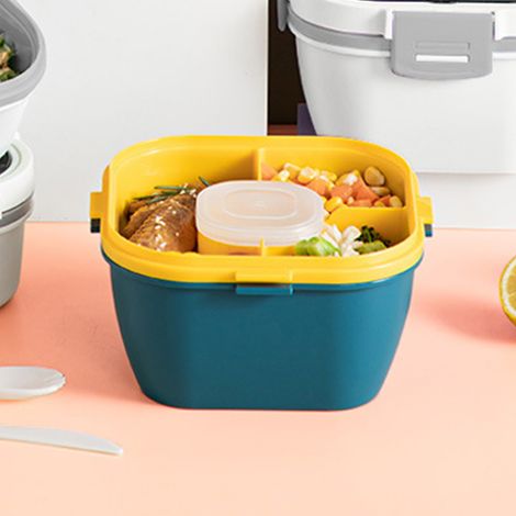 Boîte à salade en plastique à 2 compartiments, compatible micro-ondes, pour salade, fruits, repas légers et faciles à transporter, idéale pour les pique-niques et les employés de bureau (bleu, 1700 ml (1/5)