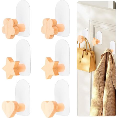 Set mit 6 J-förmigen Wandhaken aus Holz und Metall, selbstklebend, kein Bohren erforderlich, 6 Haken, rustikaler Stil (1/5)