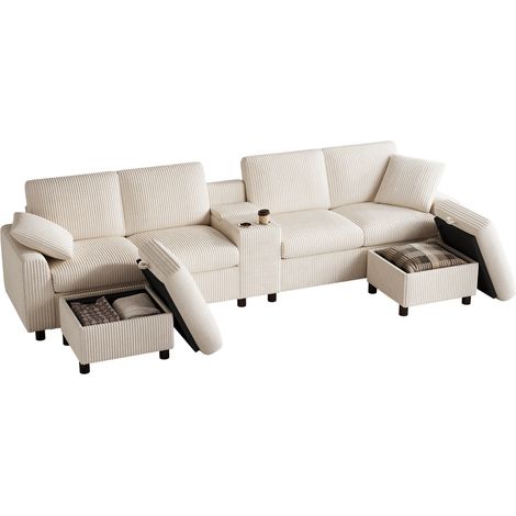 Canapé d'Angle U-Form Multifonction en velours côtelé,4 places,Avec 2 repose-pieds,1Prise USB/2 prises/2 ports Type-C,beige