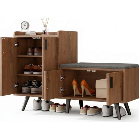 Meuble à chaussures avec assise rembourrée, 4 portes de rangement, structure en panneau de particules et métal, coloris bois clair, 120 cm, CHICFURN (1/5)