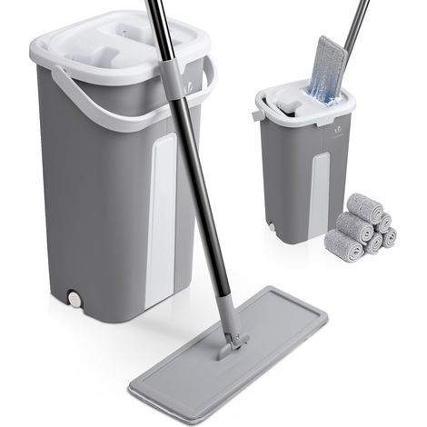 VOUNOT® Set Mocio Lavapavimenti e Secchio Strizzatore 2 Scomparti, Mop Piatto Rotante 360° con Manico in Acciaio Inox, Grigio