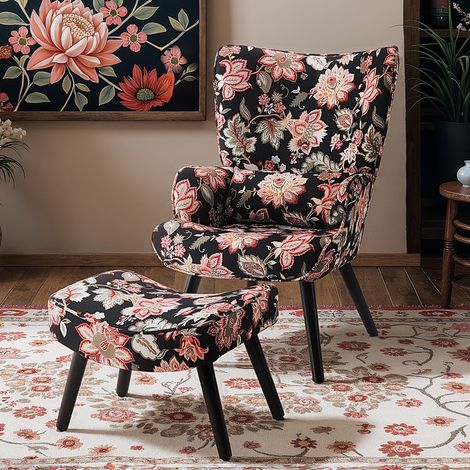 HomeMiYN Sessel Ohrensessel mit Kissen und Fußhocker Wohnzimmer Einzelsofa Schwarze Rote Blume