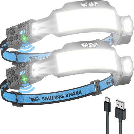 Lampe Frontale, LED Head Lamp Rechargeable 2400mAh 2x Projecteur Orientable & Flood & Strobe Headlamp avec Capteur de Mouvement pour Camping, Jogging, Randonnée, Course (2 PACK) (1/5)